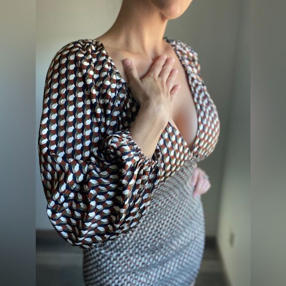 ACOA Puff Sleeve Mini Dress NEW Stretch Earth Tones Geometric - Picture 3 of 11